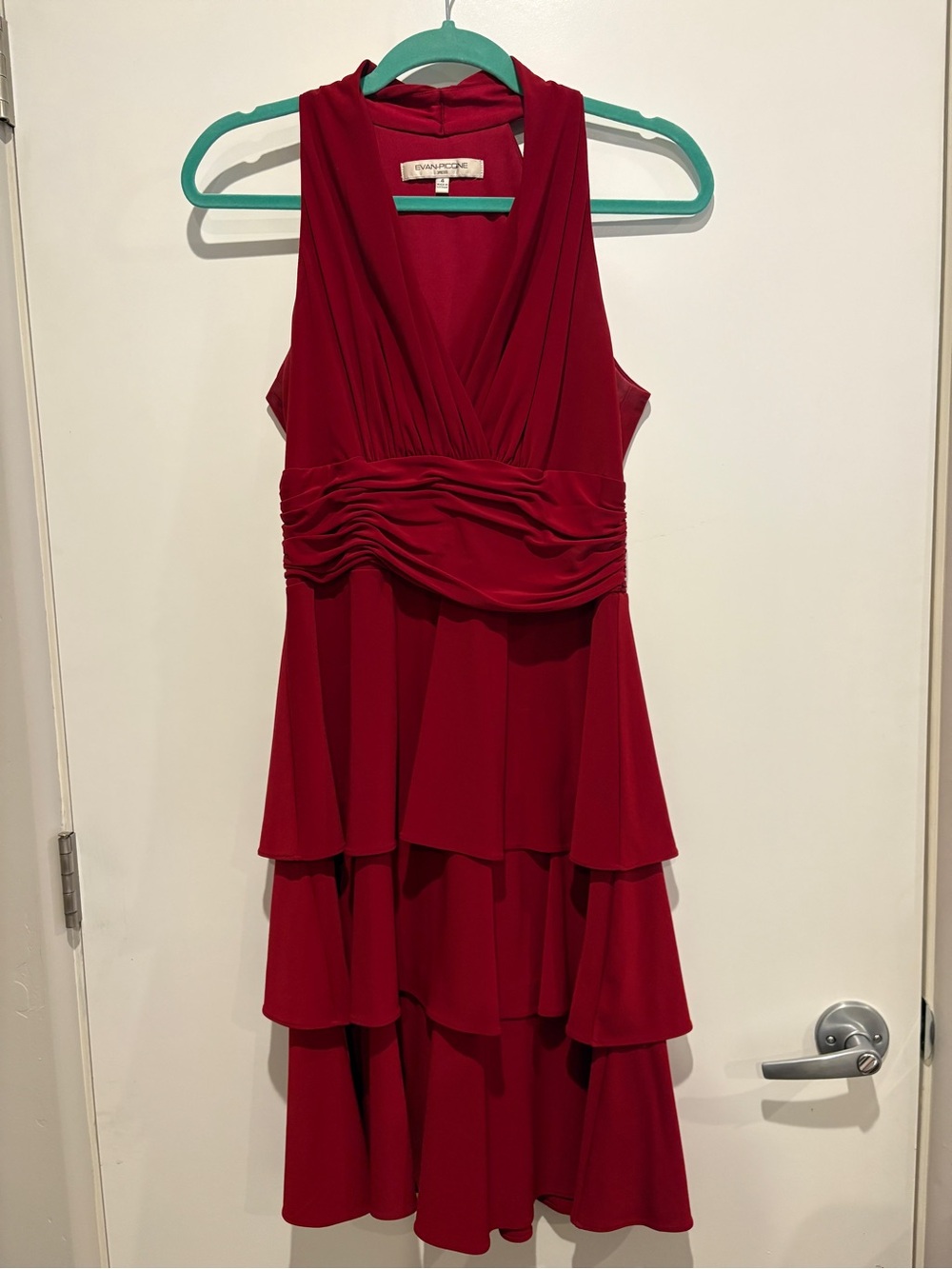 Evan Picone Red Sleeveless V-Neck Tiered Midi Dress